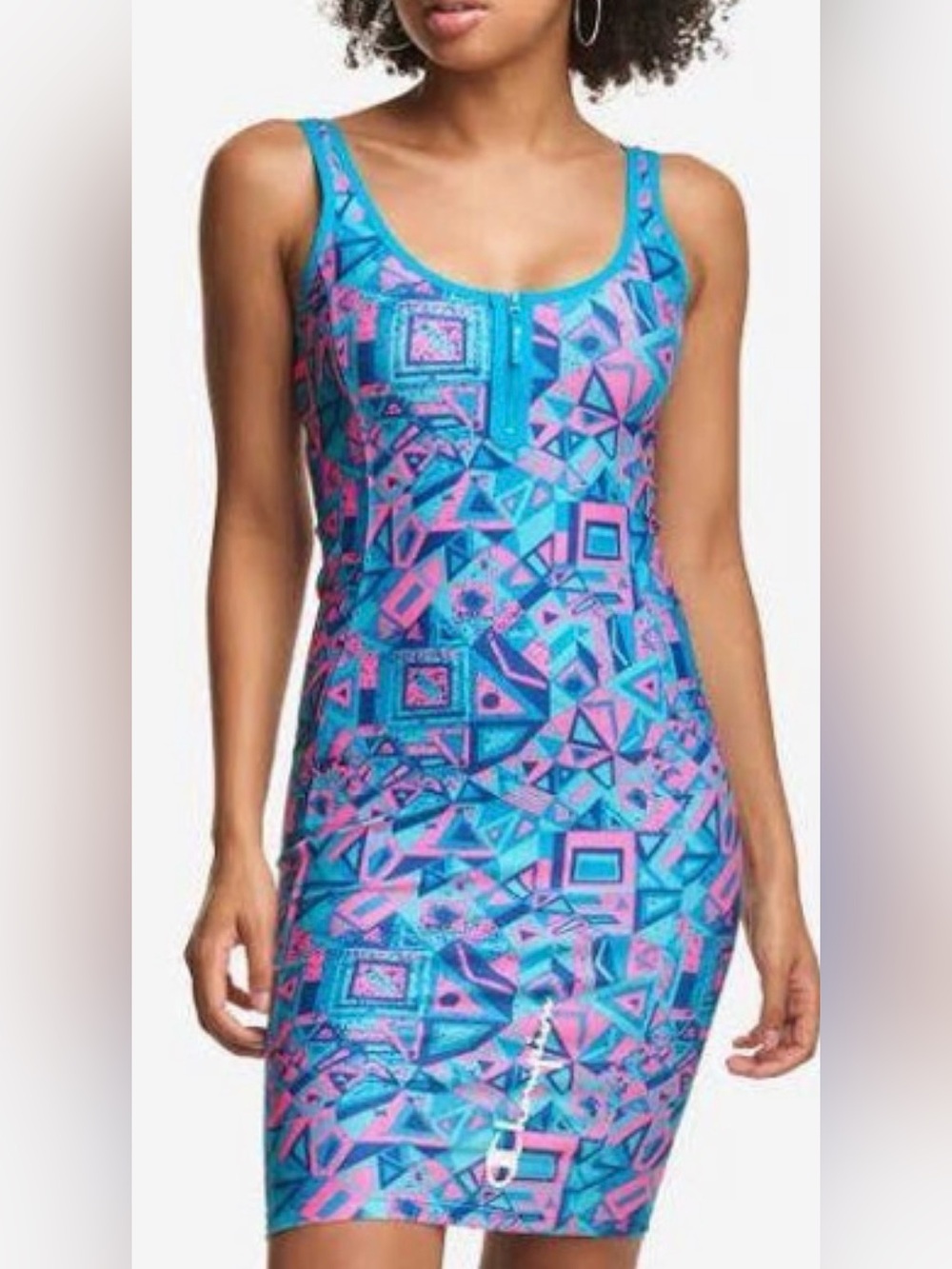 Champion X MTV 90s Retro Geo Print Mini Dress Size S Hot Pink Turquoise Spandex
